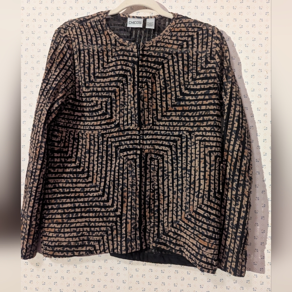 Chico's Jacket Size 0 Geometric Black Tan Zip Blazer Sheer Animal Print Zipper